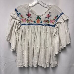 FARM Rio White Embroidered Pineapple & Floral Peasant Blouse